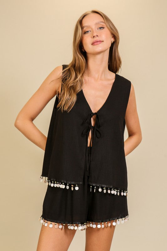 ELEGANT EMBELLISHED TIE FRONT TOP AND SHORT
