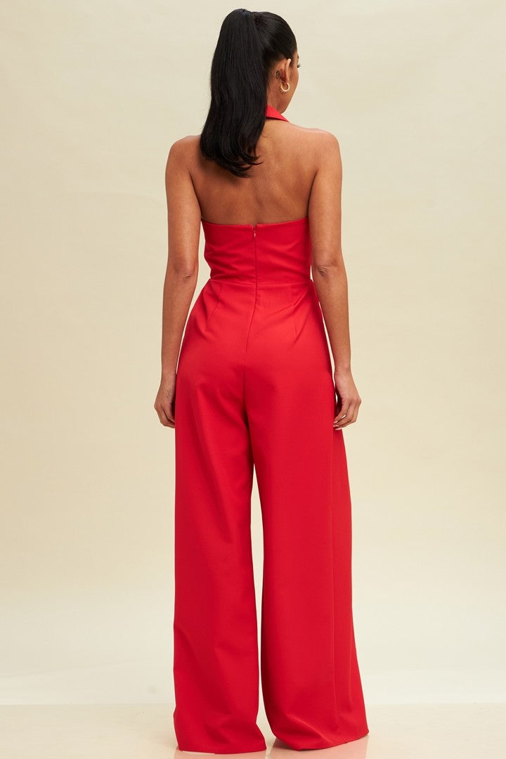Halter Tie Front Split Jumpsuit Red