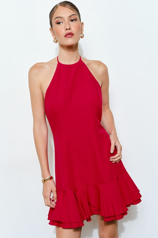 Halter Neck Tie Back Mini Dress - Red