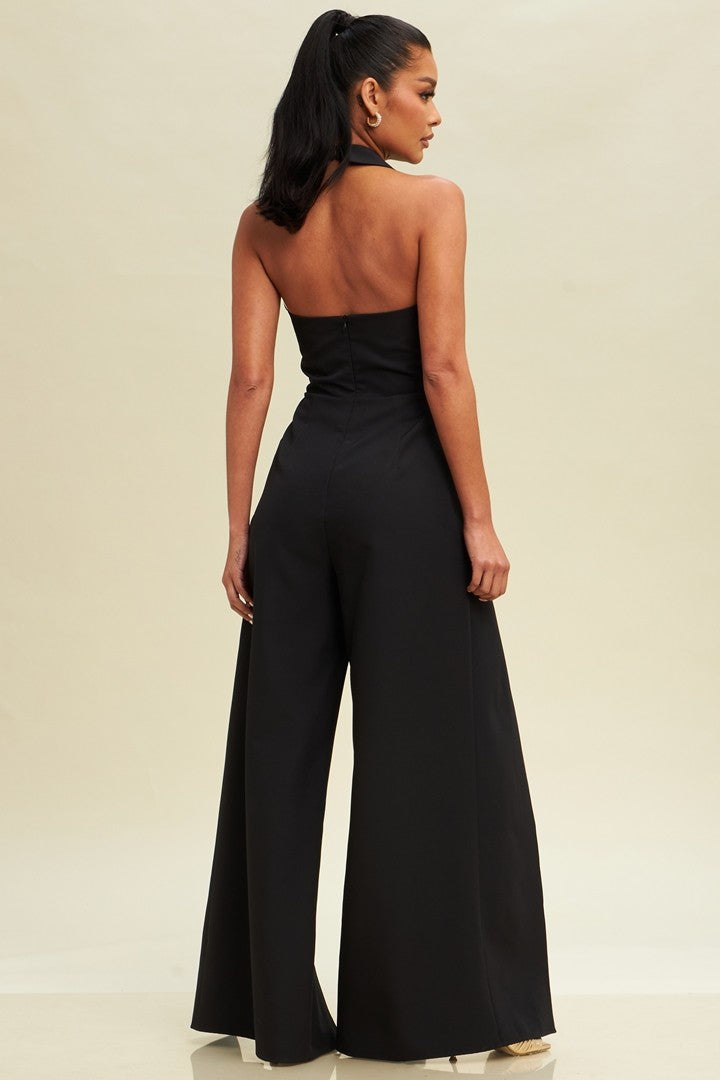 Halter Tie Front Split Jumpsuit - Black