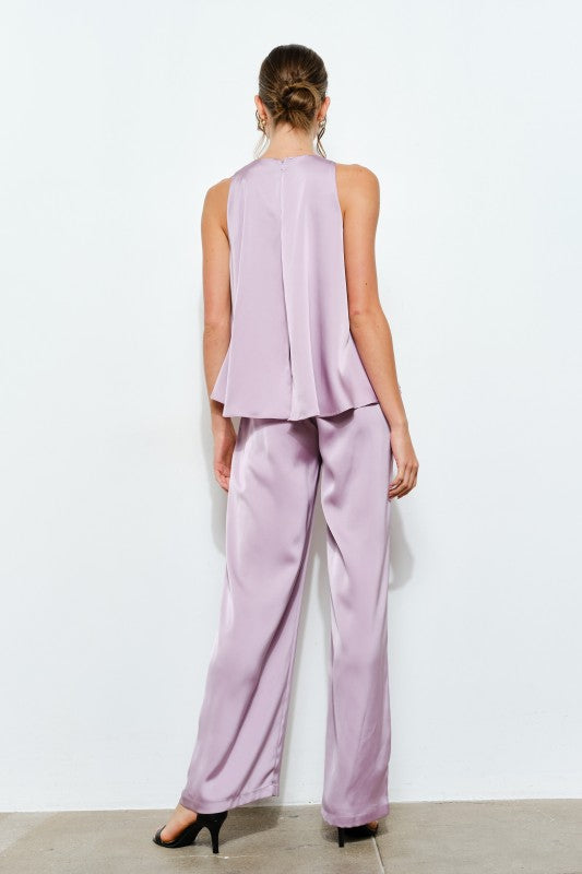 SATIN ROUND NECK SLEEVELESS JUMPSUIT - LILAC