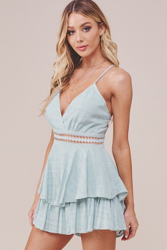 Solid Color Surpliced Lace Trim Cami Romper - Blue