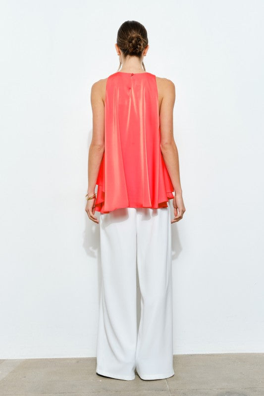 Satin Round Neck Loose Irregular Sleeveless Top - Orange