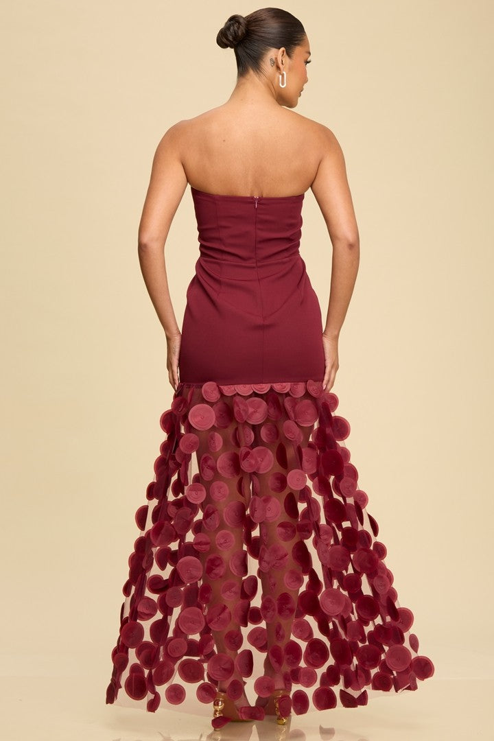 Strapless Texture 3D Contrast Maxi Dress Wine