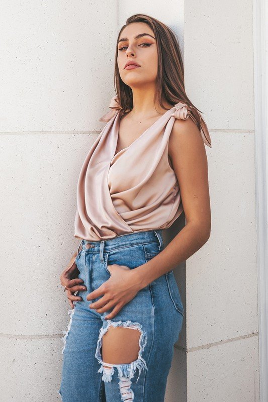 Colorblocked Tie Bodysuit In Satin Champagne