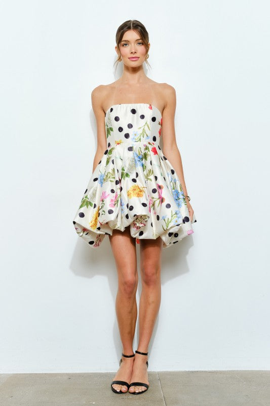 FLORAL POLKA DOT PRINT STRAPLESS BUBBLE MINI DRESS - IVORY