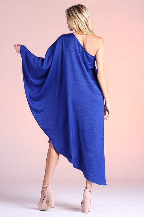 Washed Satin Crepe One Shoulder Dress Royal Blue