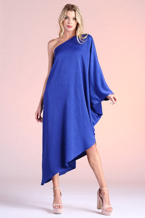 Washed Satin Crepe One Shoulder Dress - Royal Blue