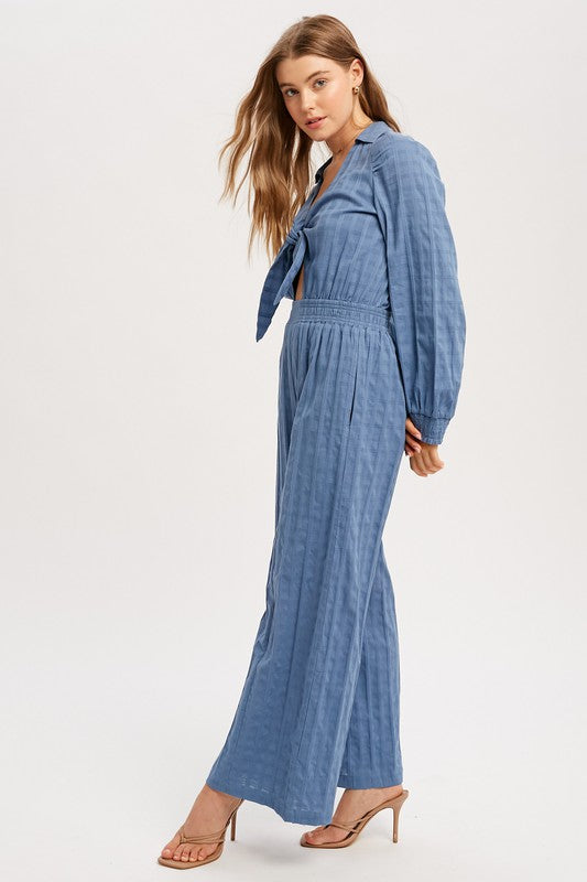 Front Cut Out With Tie Strap Jumpsuit - Blue