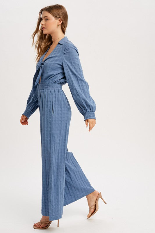 Front Cut Out With Tie Strap Jumpsuit - Blue