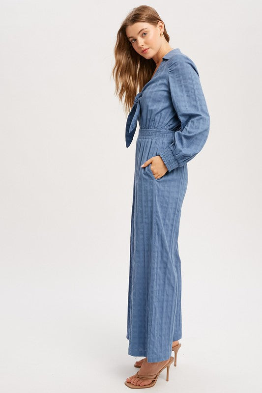 Front Cut Out With Tie Strap Jumpsuit - Blue