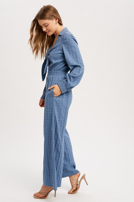 Front Cut Out With Tie Strap Jumpsuit - Blue