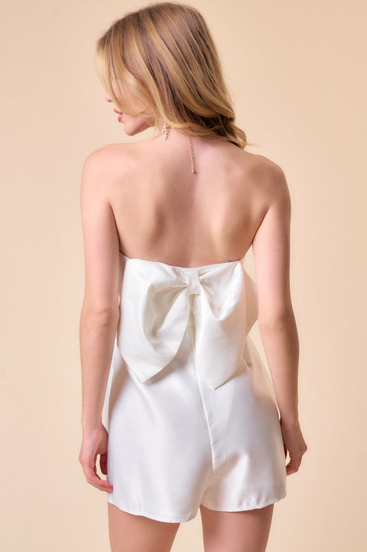 Back Big Bow Tube Top Romper - White