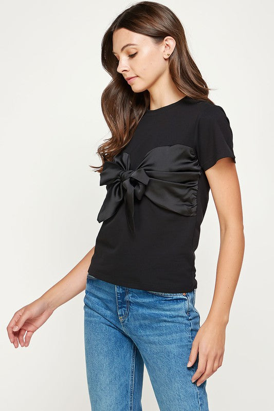 Satin Front Tie T Shirt - Black