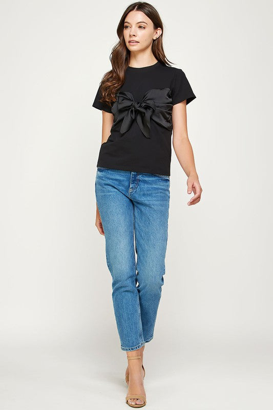 Satin Front Tie T Shirt - Black