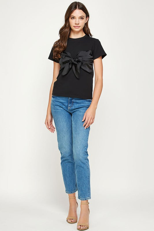 Satin Front Tie T Shirt - Black