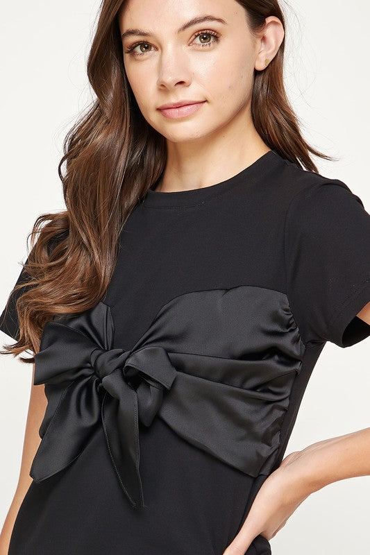 Satin Front Tie T Shirt - Black