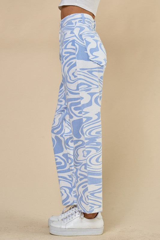 Marble Print Wide Leg Denim Pants