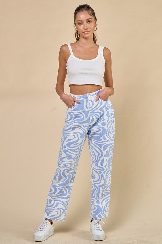 Marble Print Wide Leg Denim Pants