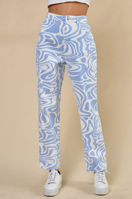 Marble Print Wide Leg Denim Pants