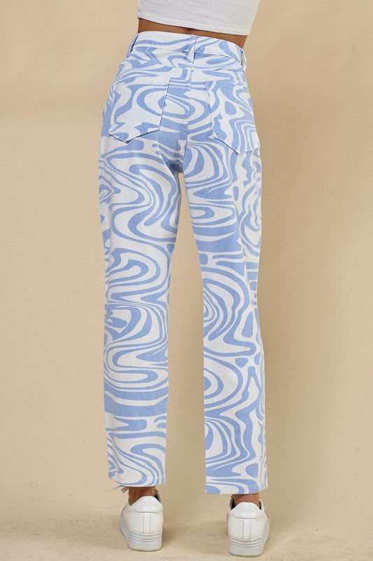 Marble Print Wide Leg Denim Pants