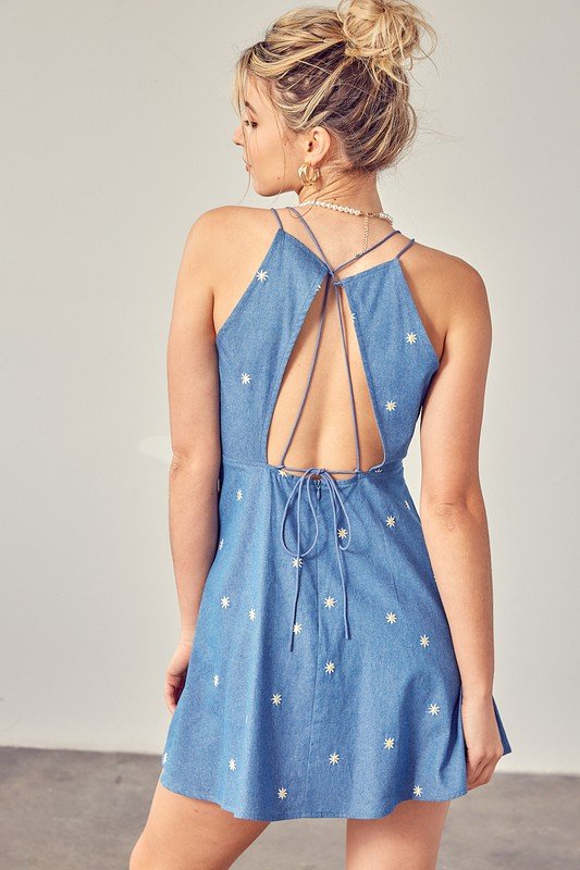FLOWER EMBROIDERED CHAMBRAY MINI DRESS