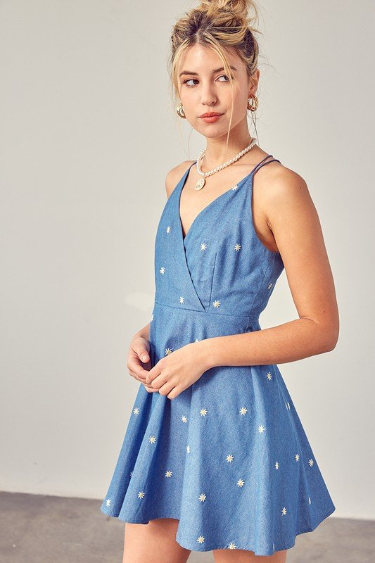 FLOWER EMBROIDERED CHAMBRAY MINI DRESS