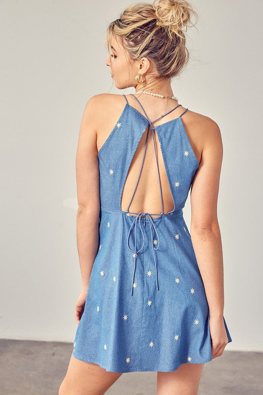 Flower Embroidered Chambray Mini Dress