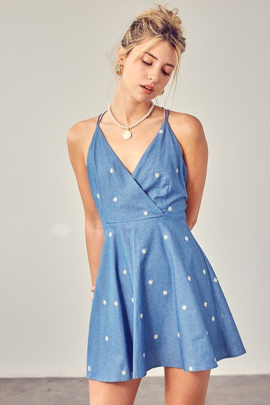 FLOWER EMBROIDERED CHAMBRAY MINI DRESS