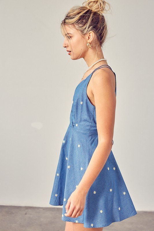FLOWER EMBROIDERED CHAMBRAY MINI DRESS