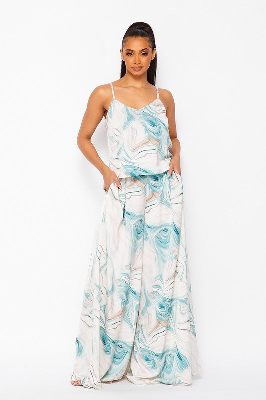 Cool Print Top And Wide Leg Pants Set