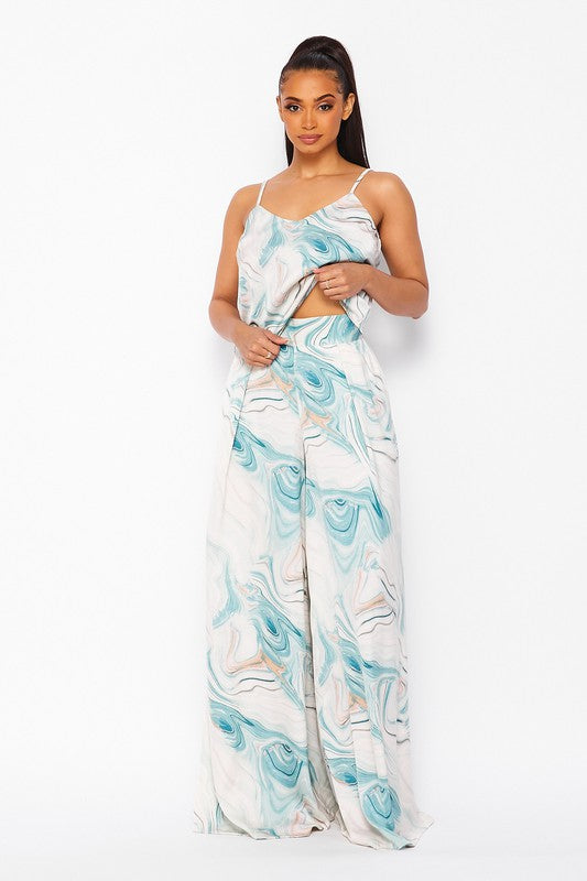Cool Print Top And Wide Leg Pants Set