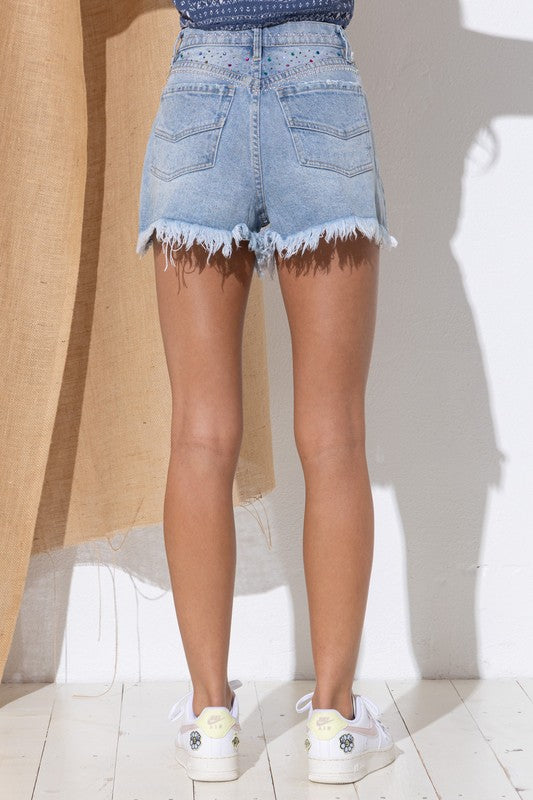 Rainbow Crystal Stud Embellished Denim Shorts