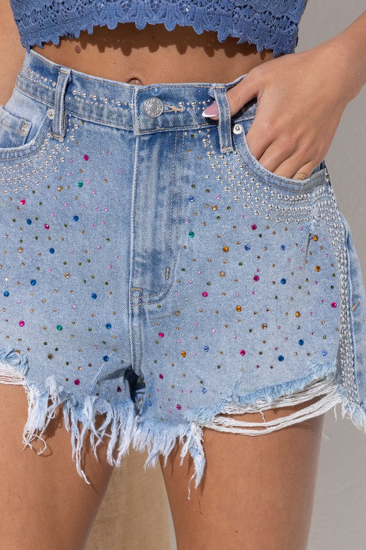 Rainbow Crystal Stud Embellished Denim Shorts