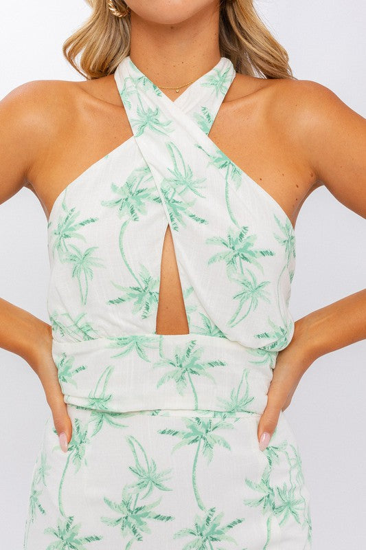 Criss Cross Halter Top And Skirt Set - White & Green