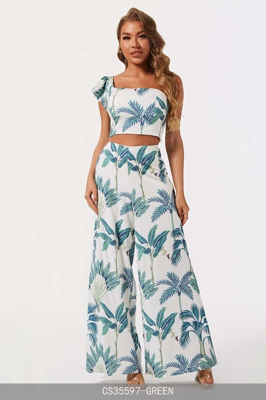 ONE SHOULDER TOP AND WIDE LEG PANT SET