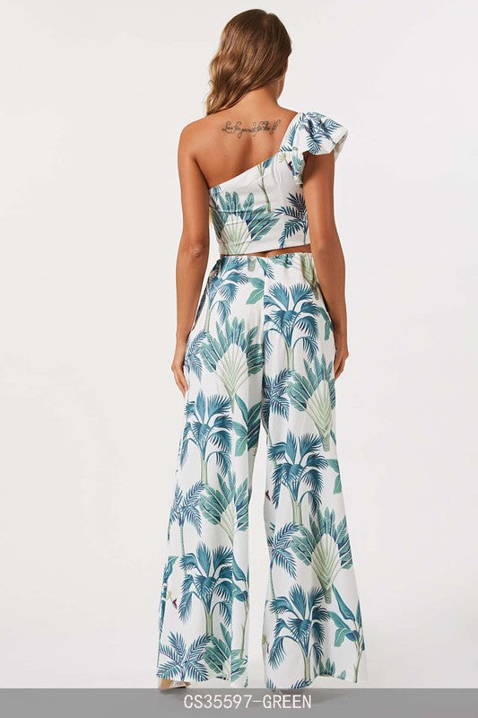 One Shoulder Top And Wide Leg Pant Set - White & Green