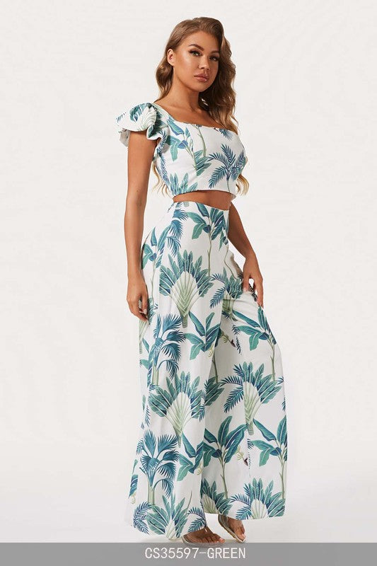 One Shoulder Top And Wide Leg Pant Set - White & Green