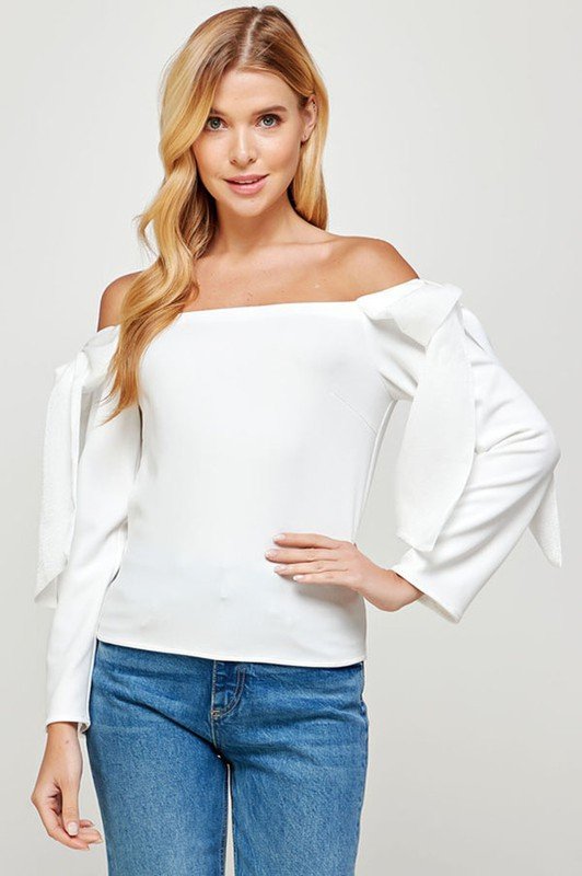 OFF SHOULDER TOP WITH RIBBON TIE ACCENTS