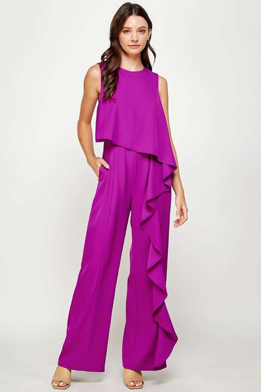 Wide Legs, Asymmetric Ruffled Cascade Layered Jumpsuit - Grape