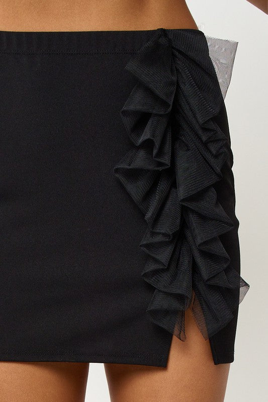 Mesh Ruffle Detail Mini Skirt - Black