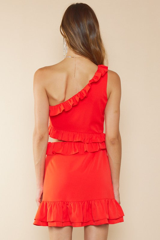 Waist Cutout One Shoulder Mini Dress With Ruffles - Red