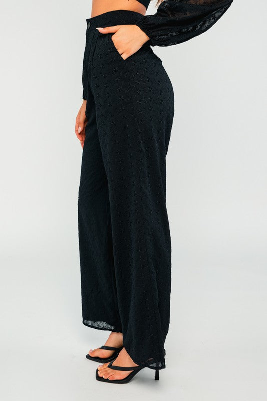 High Waist Pant And V Neck Crop Top Set - Black