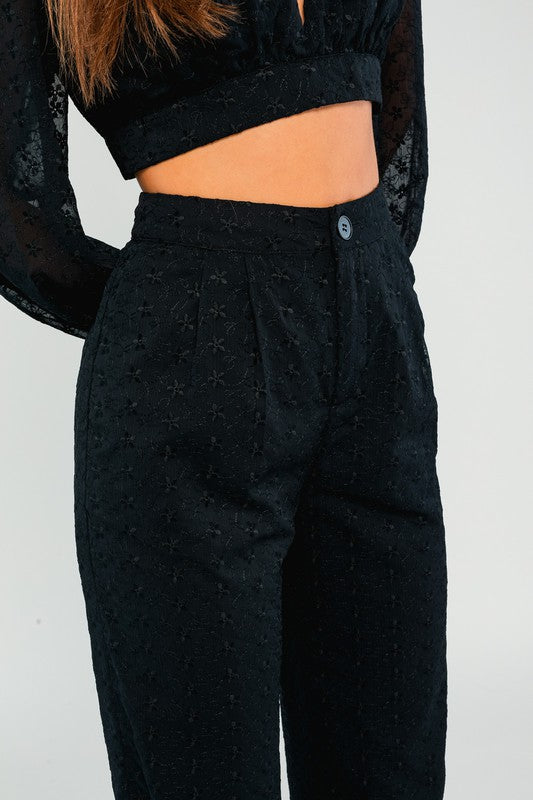 High Waist Pant And V Neck Crop Top Set - Black