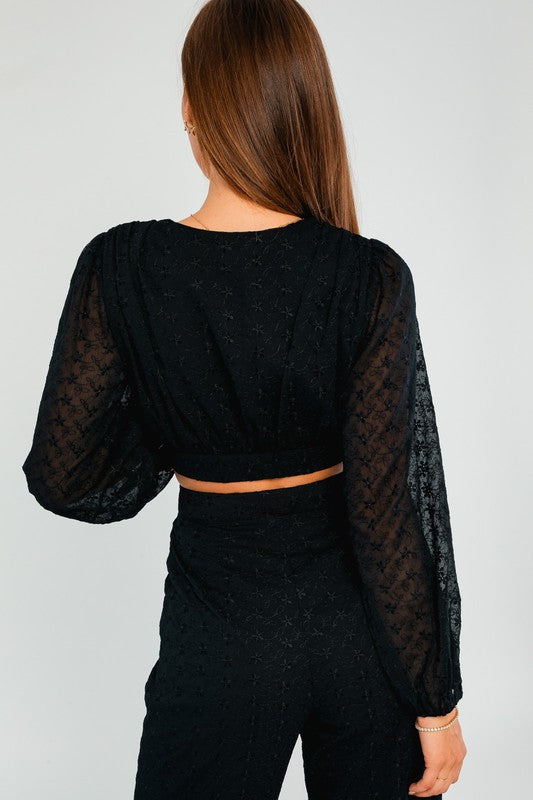 High Waist Pant And V Neck Crop Top Set - Black