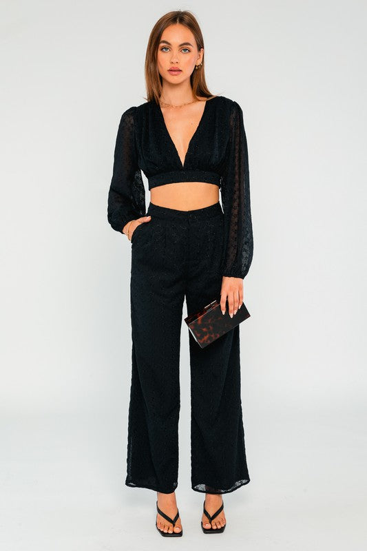 High Waist Pant And V Neck Crop Top Set - Black
