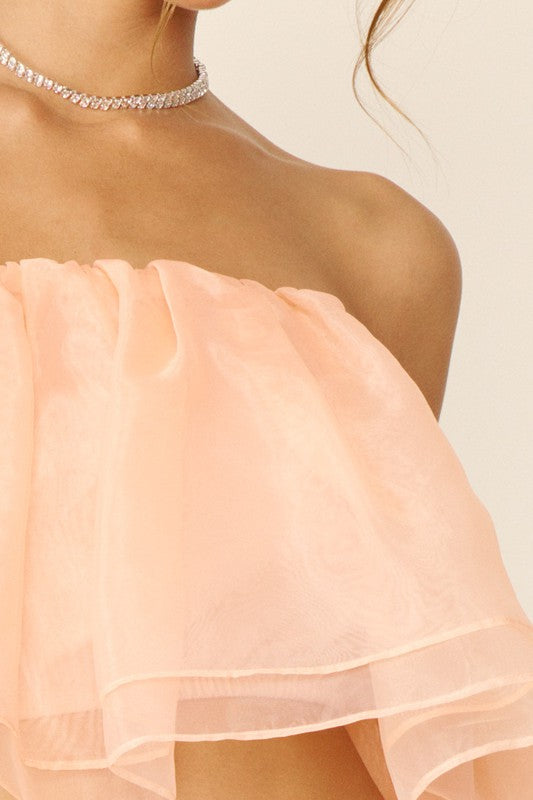 Off Shoulder Crop Ruffled Top - Peach