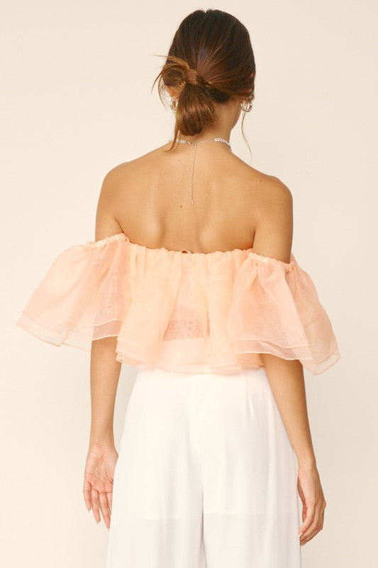 Off Shoulder Crop Ruffled Top - Peach