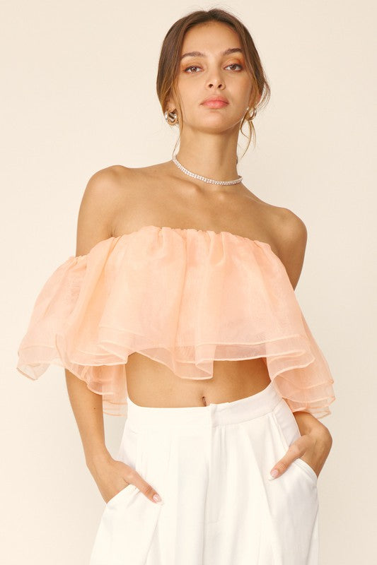 Off Shoulder Crop Ruffled Top - Peach