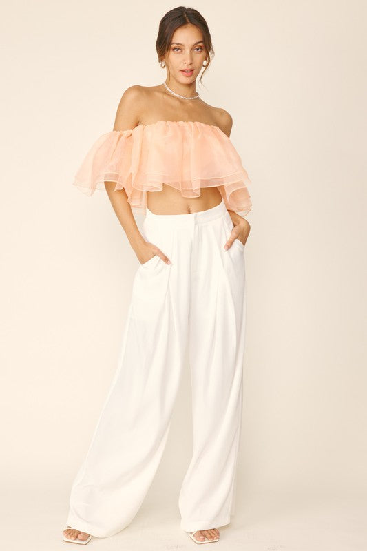 Off Shoulder Crop Ruffled Top - Peach